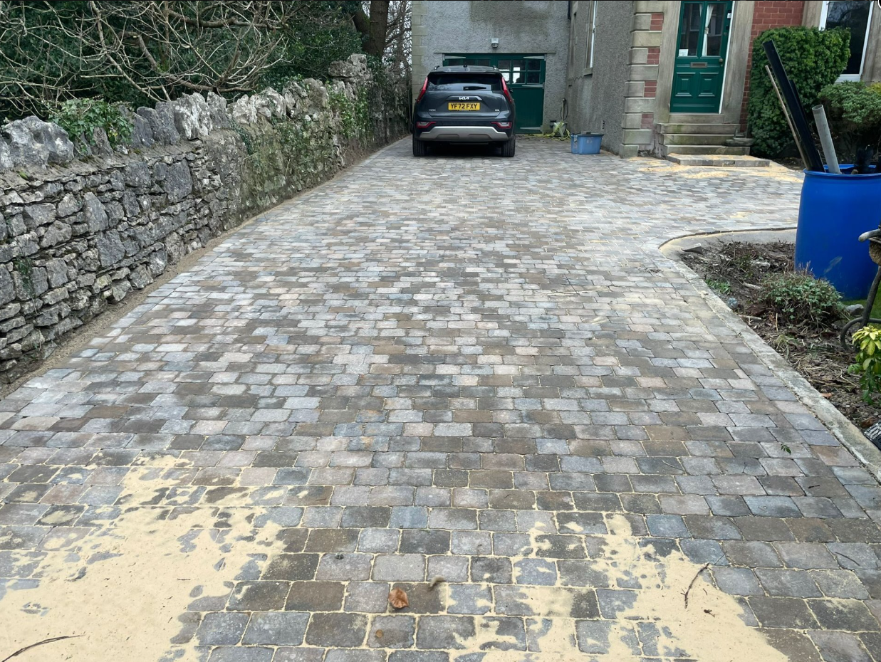 Cobble-style block paved driveway